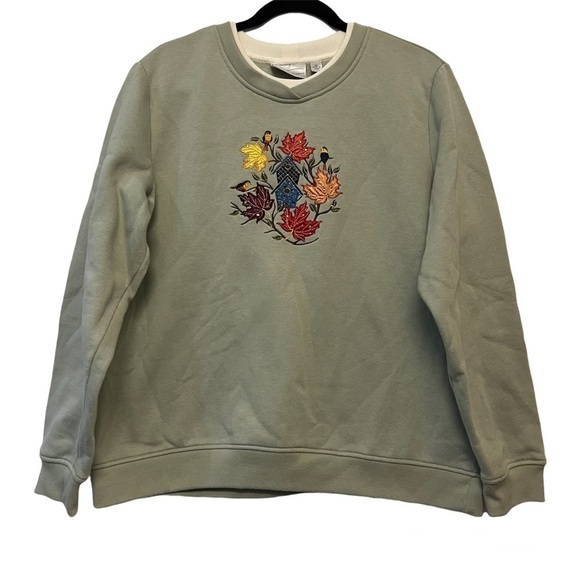 Vintage Tops - Vintage Studio Works Pale Green Floral Embroidered Fall Pullover Sweatshirt